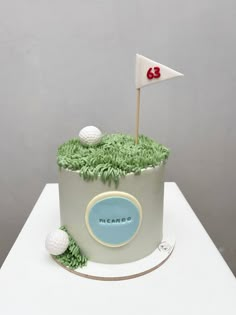 a golf themed birthday cake with green grass on top and a flag sticking out of it