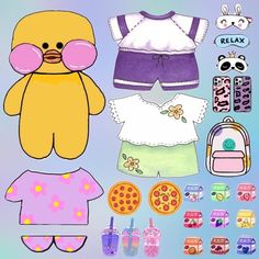 the paper doll is made to look like a teddy bear with clothes, shoes and accessories