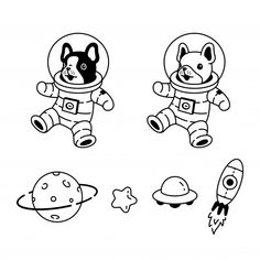 an astronaut dog and other space related items are shown in black and white coloring pages