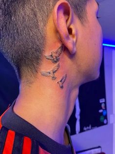 Dove Neck Tattoo Behind The Ear Tattoo Ideas For Men, Dove Tattoo Ideas, Dove Neck Tattoo, Behind Ear Tattoo Men, Tattoos Ear, Small Dove Tattoos, Simple Neck Tattoos, Bird Tattoo Neck, Front Neck Tattoo