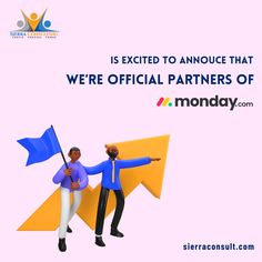 two people holding flags and pointing at each other with the words is excited to announce that we're official partners of monday