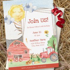 a farm birthday party card with a red ribbon