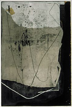 an abstract painting with lines and shapes in black, white, and grey colors on a piece of paper