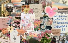 there are many different pictures and words on the wall with flowers, books, and other things