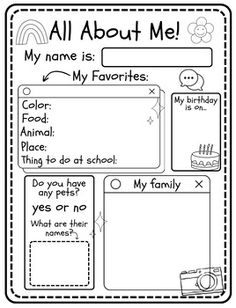 an all about me worksheet for kids with pictures and text on the page