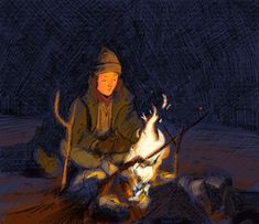 a drawing of a person sitting next to a fire