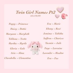 a baby girl name list with a pink teddy bear and two hearts on the back