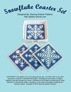 the snowflake coaster set is shown in blue and white, with four different designs