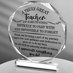 a clear glass award that says, a truly great teacher is hard to find