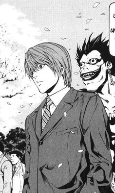 an anime scene with two men dressed in suits and one is holding a cat on his shoulder