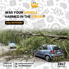 a car is parked in front of a tree that has fallen on it and the words was your vehicle hammered in the storm?