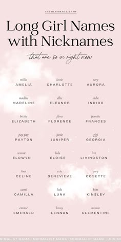 the cover of long girl names with nicknames, featuring clouds in pink and white