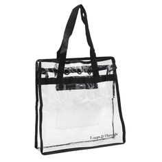 a clear tote bag with black handles