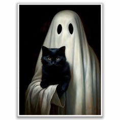 a black cat sitting in front of a ghost with it's eyes wide open