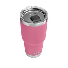 a pink yeti cup is shown with the lid open