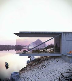 an artistic rendering of a house on the edge of a lake with mountains in the background