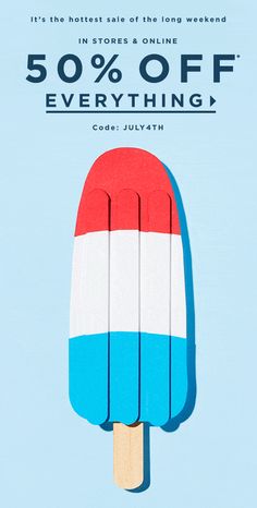 an ice cream popsicle with the words 50 % off everything on it in front of a blue background