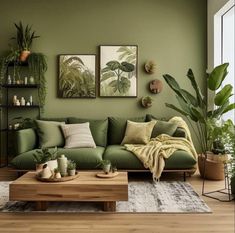 a living room with green walls and lots of plants on the wall above the couch