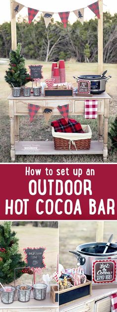 an outdoor hot cocoa bar with red, white and black decorations on it for christmas