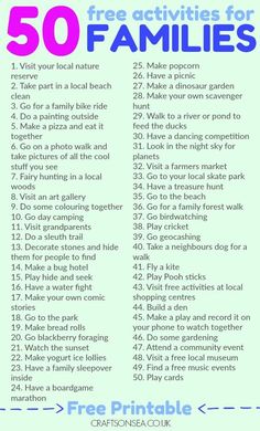 the 50 free activities for families to do in their home or office, with text overlay