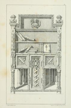 a drawing of a room with an ornate door and shelf on the wall, surrounded by decorative elements