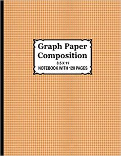 the graph paper composition notebook with 120 pages is shown in black and white, on an orange background