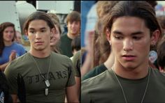 two pictures of the same young man in green shirt, one is wearing a necklace