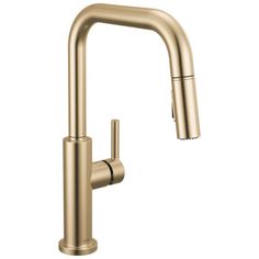 the kitchen faucet is shown in brushed brass, and features a pull - down spout