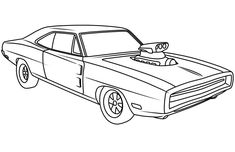 a cartoon muscle car with the hood down and no wheels, outlined in black and white