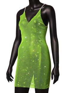 Rhinestone see through sparkling dress. SIZE Bust: 31-43” Waist: 31-39” Length:32” Cosmic Carnival, Neon Green Dress, Neon Carnival, Neon Dress, Sparkling Dress, Fantasy Fest, Nightclub Dress, Neon Dresses, Dress Leather