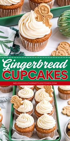 These Gingerbread Cupcakes are a festive treat for holiday baking recipes! Made with spice cake mix, molasses, and eggnog, these moist cupcakes are topped with cream cheese frosting for a deliciously sweet and spiced flavor. Perfect for Christmas dessert ideas and sweet treats to make at home, they’re a holiday favorite! Gingerbread Cupcakes Cream Cheese Frosting, Eggnog Cream Cheese Frosting, Easy Gingerbread Recipe, Gingerbread Dessert, Holiday Desserts Table, Cupcakes With Cream Cheese Frosting, Cream Cheese Frosting Recipe, Spice Cake Mix