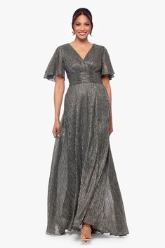 "Isabella" Long V Neck Flutter Sleeve Metallic Dress Dresses Flowy, Crepe Material, Von Maur, Stunning Prom Dresses, Prom Dress Shopping, Ladies Gown, Sophisticated Dress, Gala Dresses, Review Dresses