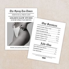 Attention Glow Getters! Market your Luxury Spray Tan Service with this Spray Tan Business Price List & Service Menu Design. This black and white, Newspaper Print Style Price List Template is a stylish, sophisticated, stand-out design that will alert the press and hook new clients for your spray tanning services! Whether you're an esthetician, wax specialist, eye-lash technician, or simply appreciate the iconic newspaper print aesthetic, this business card design is versatile and suitable for all beauty professions.  This template includes a front and back design, plus a one-sided option. Edit the Price List Template to match your business branding. By accessing this Canva template, change the wording, font, and font color + keep, delete, or move elements to suit your service needs. Upload Service Menu Design, Mobile Spray Tan Business Names, Spray Tan After Care Cards, Spray Tan Price List, Spray Tan Prep Instructions, Spray Tan Information, Wax Specialist, White Newspaper, Mobile Spray Tanning