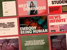 many different types of magazine covers are displayed on a red surface with pink and green accents