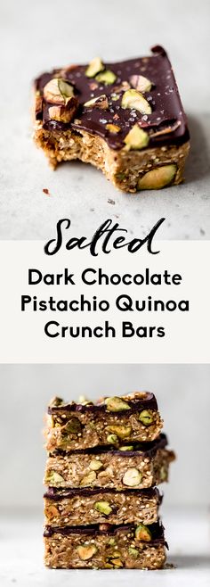 chocolate and pistachio quinoa crunch bars stacked on top of each other