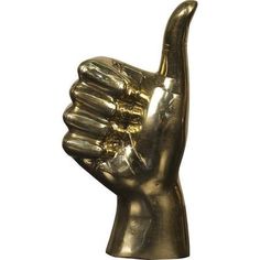 a gold colored metal hand holding something in the shape of a rock and roll sign