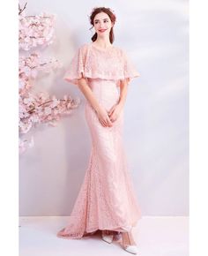 Buy Elegant Pink Long Lace Mermaid Wedding Party Dress With Cape Sleeves at wholesale price online. Free shipping and pro custom service since 2009. Mermaid Hem Bridesmaid Dress With Sweep Train For Weddings, Spring Banquet Fitted Mermaid Dress, Mermaid Hem Bridesmaid Dress For Wedding And Prom Season, Bridesmaid Mermaid Dress With Sweep Train, Fitted Mermaid Dress For Spring Wedding, Elegant Spring Mermaid Dress For Banquet, Elegant Spring Banquet Mermaid Dress, Pink Fitted Floor-length Wedding Dress, Pink Fitted Bridesmaid Dress For Banquet