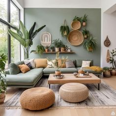 a living room filled with lots of plants and furniture