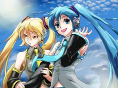 two anime characters standing next to each other in front of a blue sky and clouds