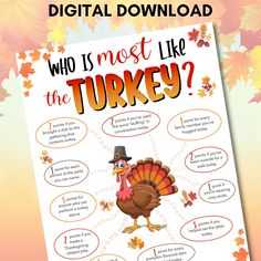 a thanksgiving poster with the words, who is most like the turkey? and an image of