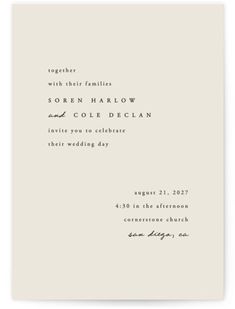 the wedding program card is shown in white with black ink