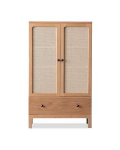 a wooden cabinet with wicker doors on the front and bottom, against a white background