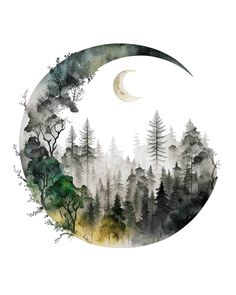 the moon and trees are painted in watercolor