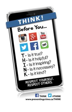 a cell phone with the words think before you and an image of social icons on it