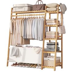 a wooden rack with clothes and other items on it's sides, next to a white suitcase