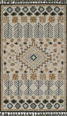 an area rug with various designs and colors on it, including black, white, gray and