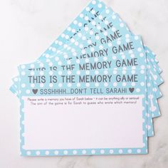 four blue and white cards with words on them that say memory game, this is the memory game