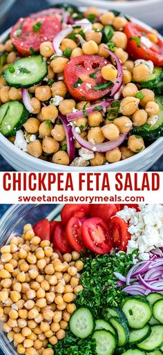 chickpea feta salad with tomatoes, cucumbers and onions