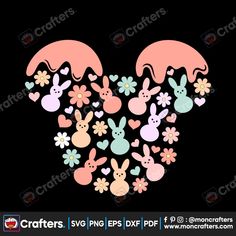 some bunny ears and flowers are in the shape of an elephant's head on a black background