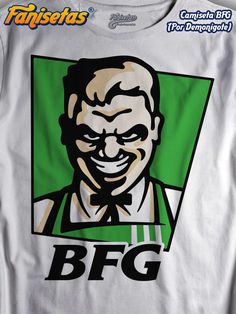 a t - shirt with an image of a smiling man in green and white colors